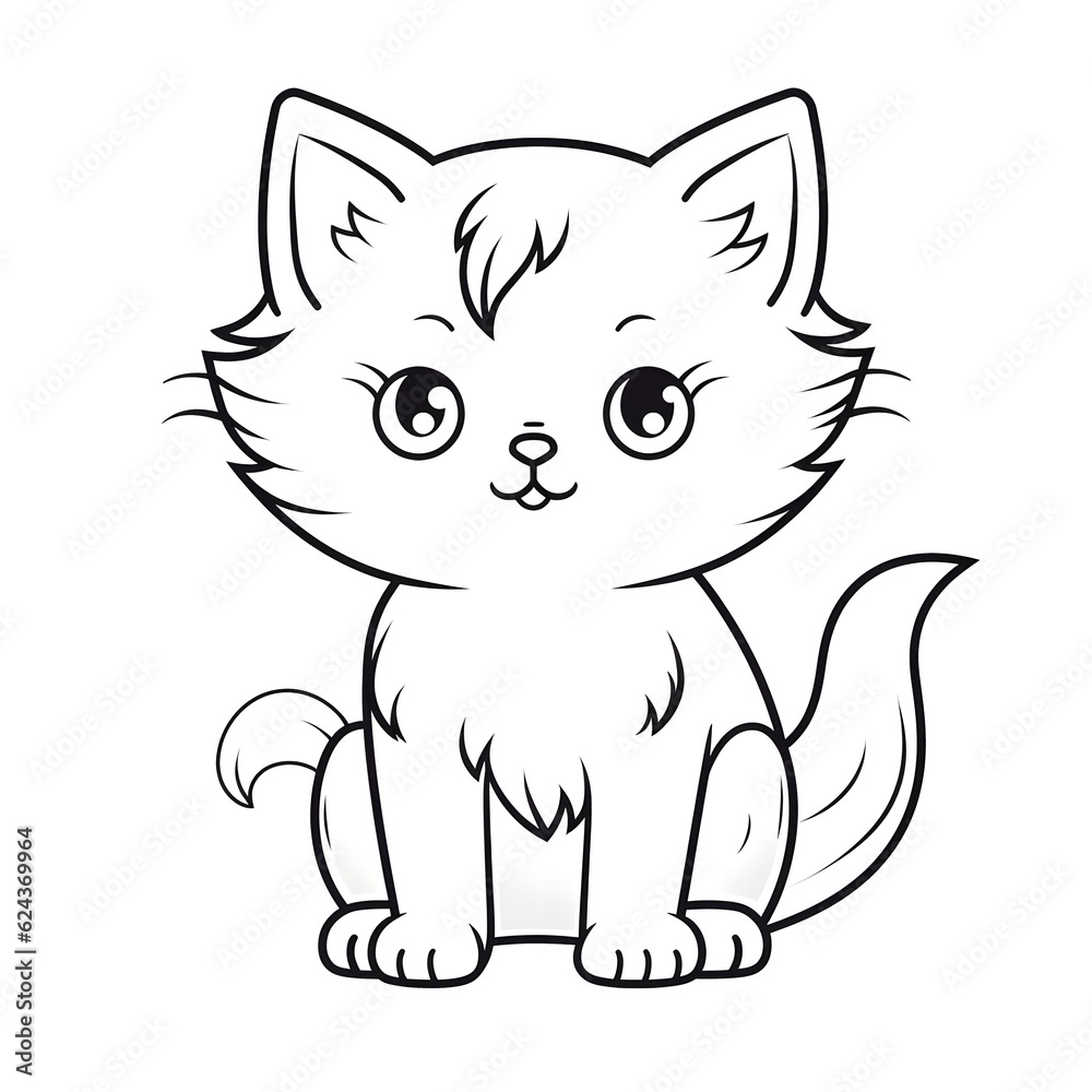Forest animals -Cute Cat, simple thick lines kids or children cartoon coloring book pages . No Background, Generative AI Forest animals -Cute Cat, simple thick lines kids or children cartoon coloring book pages . No Background, Generative AI