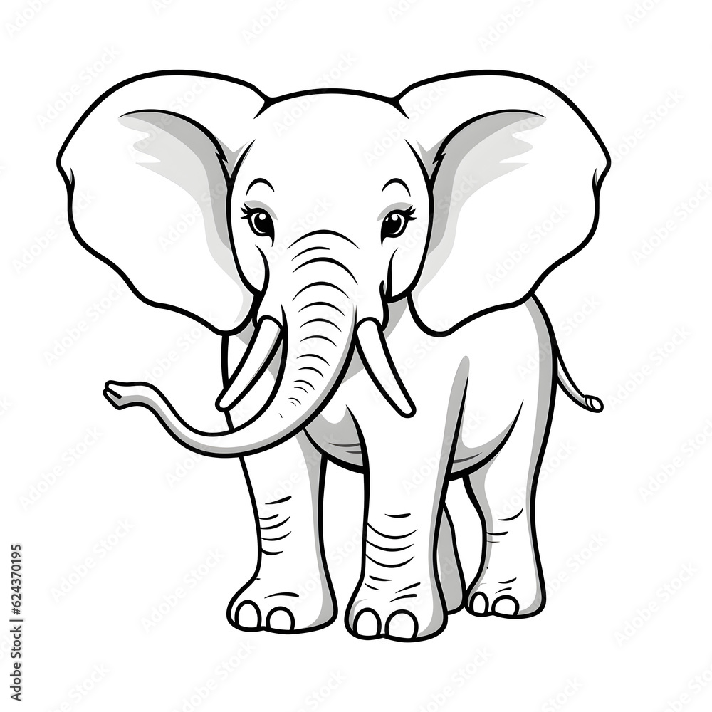 Forest animals - Cute Elephant, simple thick lines kids or children cartoon coloring book pages . No Background, Generative AI