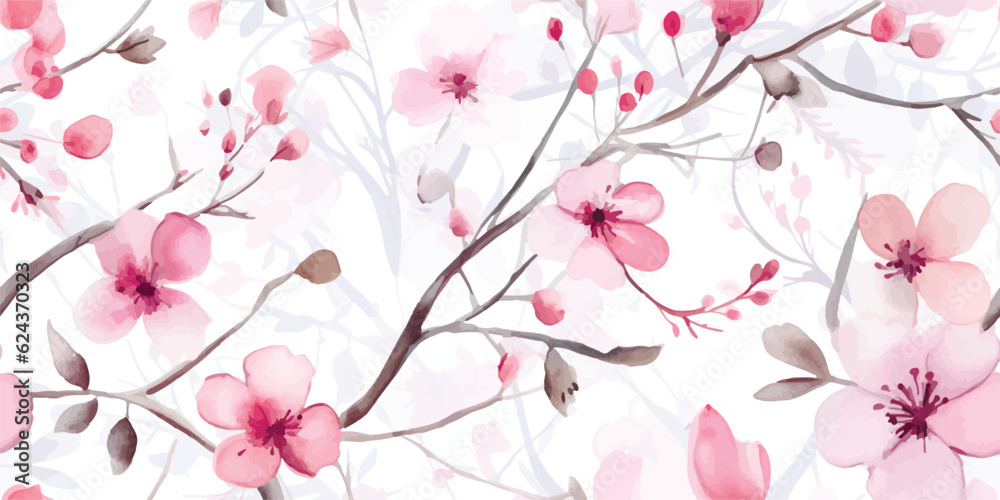 Spring seamless pattern with abstract blossom tree with delicate pink flowers and buds, watercolor illustration isolated on white background, floral print for fabric, wallpapers or wrapping paper.