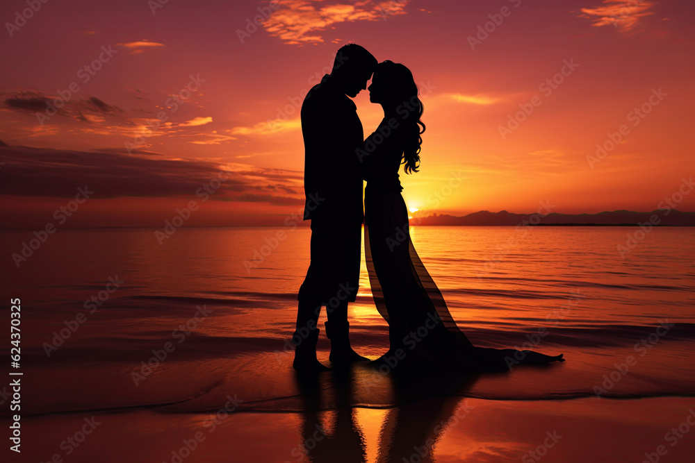 Couple in love at the beach at sunset. Silhouette design. Generative Ai