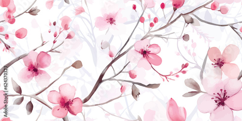 Spring seamless pattern with abstract blossom tree with delicate pink flowers and buds, watercolor illustration isolated on white background, floral print for fabric, wallpapers or wrapping paper.