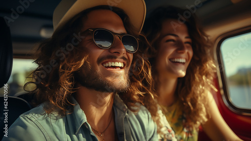 man and woman happy adult couple travel drive car on summer vacation