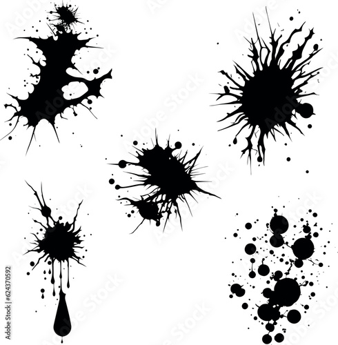 Abstract black ink splashes collection. Ink drops and splashes. Blotter spots  liquid paint drip drop splash  and ink splatter. Artistic dirty grunge abstract spot vector set. Splat messy inkblot