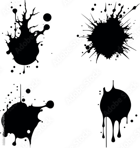 Abstract black ink splashes collection. Ink drops and splashes. Blotter spots, liquid paint drip drop splash, and ink splatter. Artistic dirty grunge abstract spot vector set. Splat messy inkblot