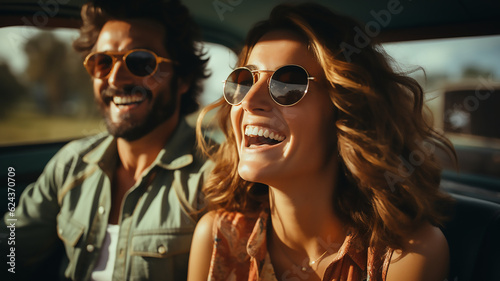 man and woman happy adult couple travel drive car on summer vacation
