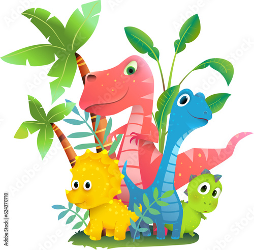 Fototapeta Naklejka Na Ścianę i Meble -  Cute Dinosaur Group in Prehistoric Nature with Palms and Trees, Friendly Dino Kids Illustration clip art. Funny adorable jurassic character design. Vector colorful clipart cartoon for children.