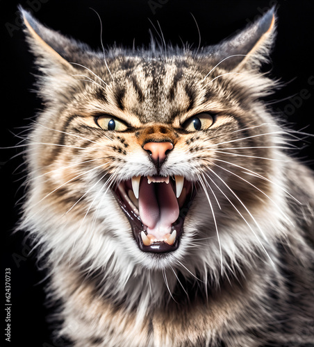 angry Maine Coon cat, isolated dark background. Generative Ai