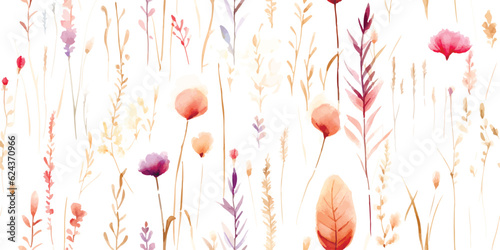 Watercolor abstract wildflowers, tender fleurs s ch es, seamless floral pattern with colorful plants. Illustration on white background in vintage style