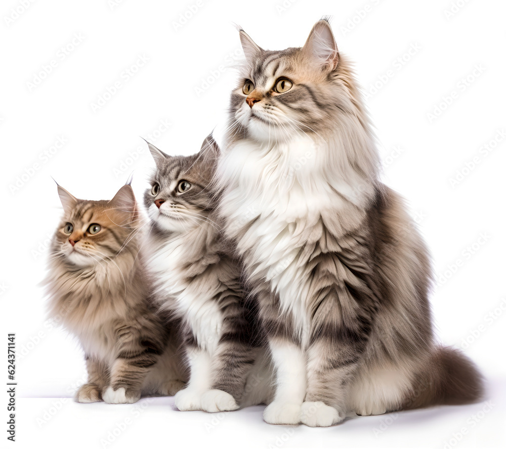 Three maine coon cats family in isolated on white background. Generative Ai
