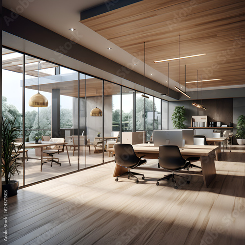 Modern office interior, sunny office, wood © Tudose