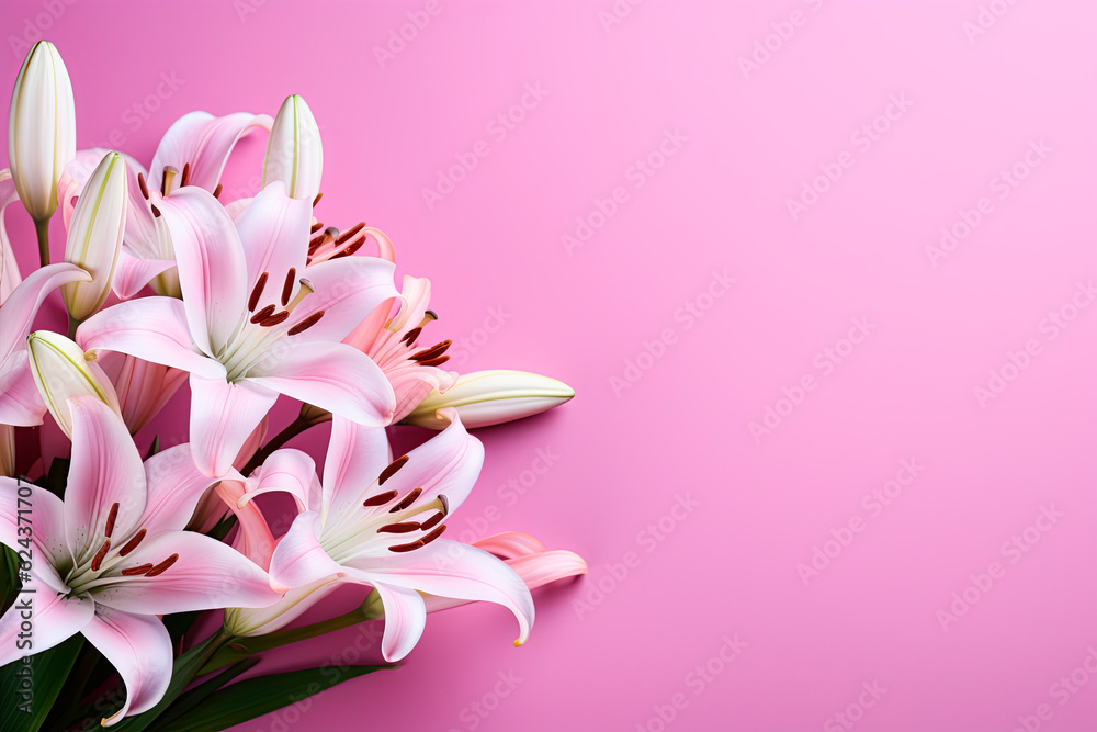 Beautiful lily flowers bouquet on a pink background. Lillies. Pink lilies closeup. Big bunch of fresh fragrant lilies purple background.