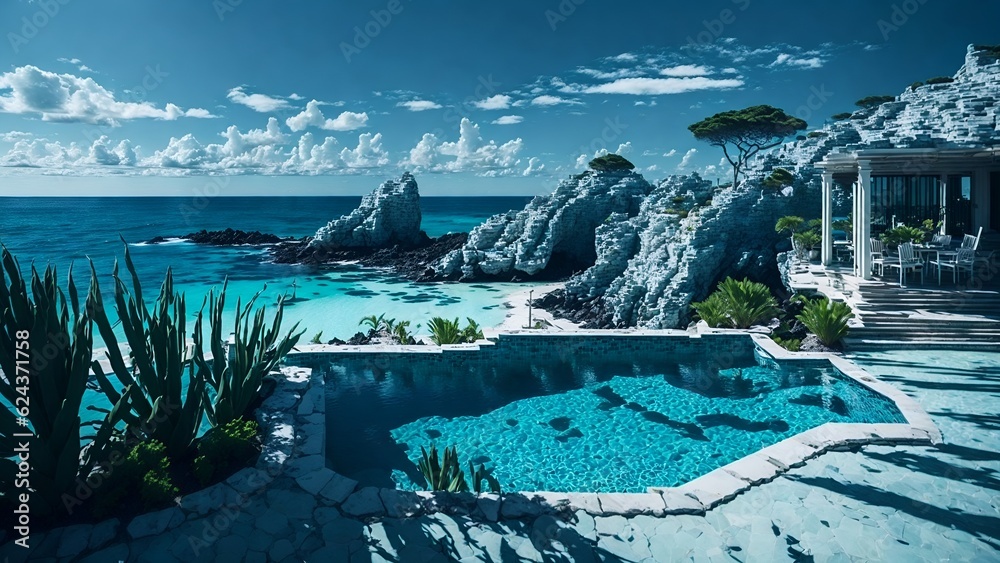 Summer pool in wild, sea background ai