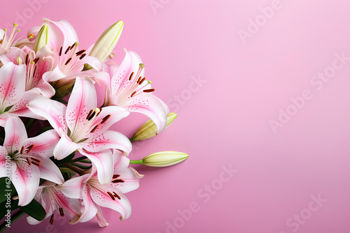 Murais de parede Beautiful lily flowers bouquet on a pink background