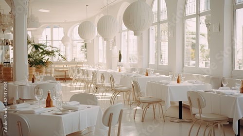 A restaurant with white tables and white chairs. Generative AI.