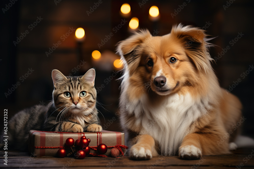A dog and a cat laying next to each other. Generative AI. Christmastime, christmas celebration.