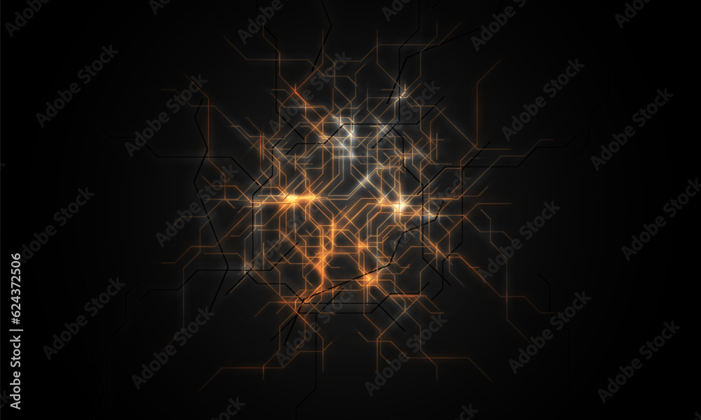 Black abstract technology background with orange neon lines. Hi-tech futuristic social media banner design concept. Vector illustration