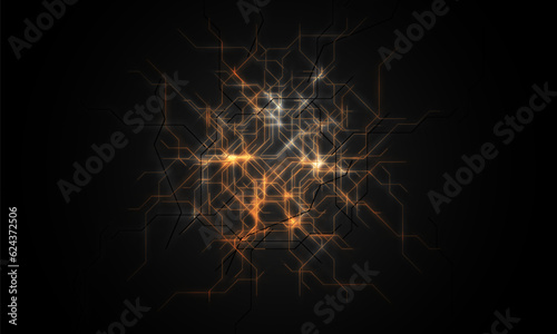 Black abstract technology background with orange neon lines. Hi-tech futuristic social media banner design concept. Vector illustration