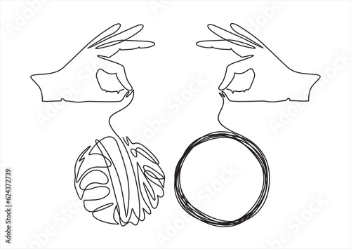 Continuous line of hand unraveling a tangle of unresolved problems. Metaphor of disorganized difficult problem, mess with black single continuous tangle thread in need of unraveling isolated on white