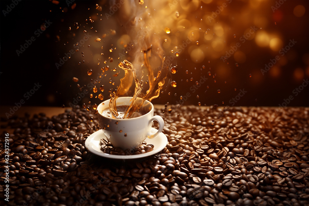 Cup of coffee, expresso with coffee splash on coffee bean background - obrazy, fototapety, plakaty 