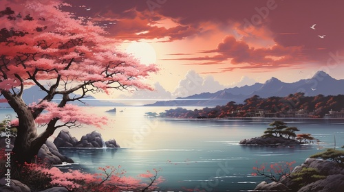 beautiful scenery in japanese illustration background