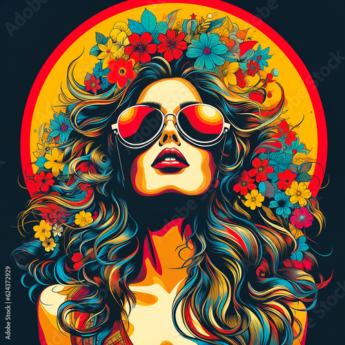 Portrait of a happy fair-haired woman in sunglasses Colourful psychedelic 1970s. AI generative. photo