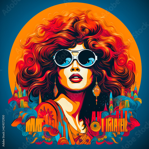 Portrait of a happy fair-haired woman in sunglasses Colourful psychedelic 1970s. AI generative.