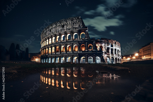 Colosseum illuminated at night in Roma, Italy imagined by AI