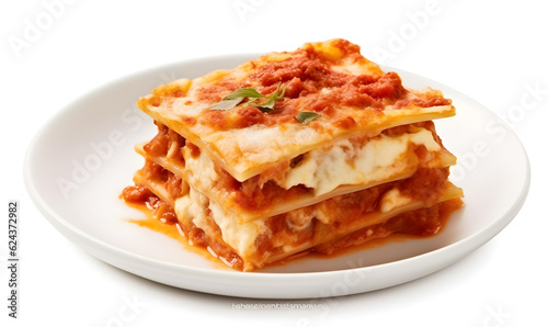 lasagna bolognese with white cheese and tomato sauce on white - Generative AI 
