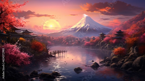 beautiful scenery mountain in japanese illustration background