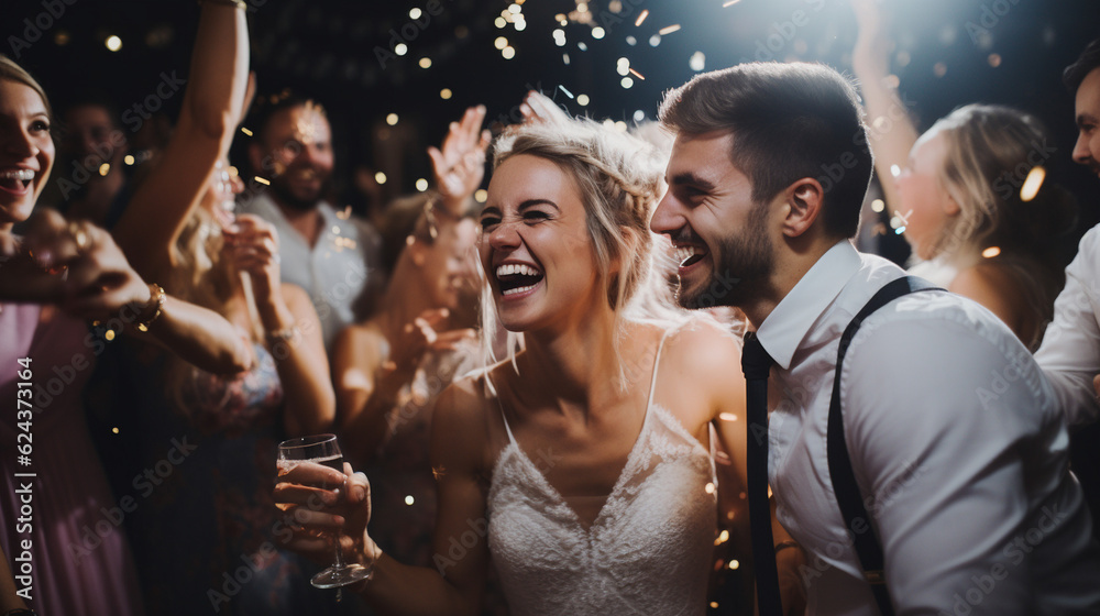 A joyful wedding party celebrating on the dance floor, surrounded by twinkling lights and vibrant decorations Generative AI