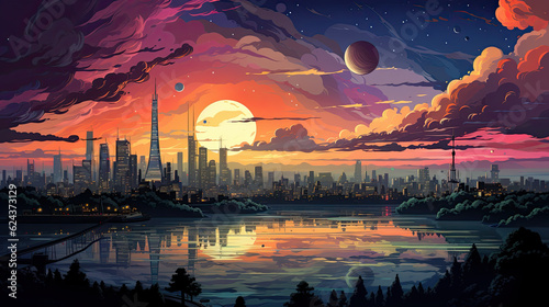 A painting of a sunset over a city. Generative AI.