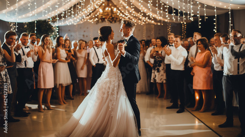 A joyful wedding party celebrating on the dance floor, surrounded by twinkling lights and vibrant decorations Generative AI