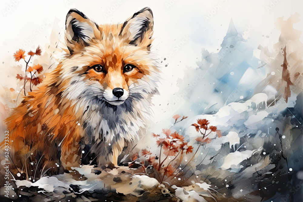 A painting of a fox in the snow. Generative AI.
