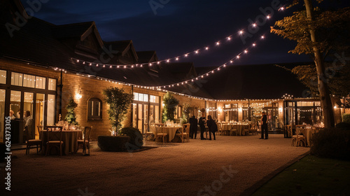 A magical evening photo of the wedding venue lit up with fairy lights  creating a romantic ambiance Generative AI