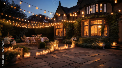 A magical evening photo of the wedding venue lit up with fairy lights, creating a romantic ambiance Generative AI