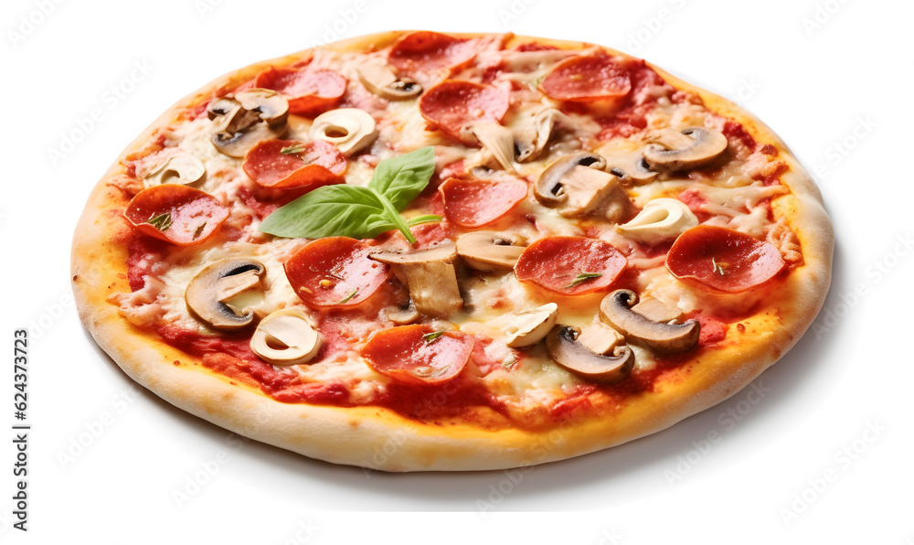 pizza with salami and mushrooms on white background  - Generative AI 