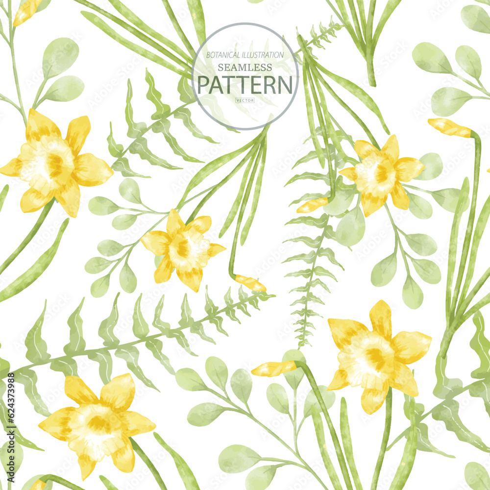 Botanical daffodil  flower  watercolor style illlustration  seamless pattern