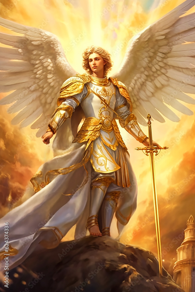 Fototapeta premium Graphic and biblical representation of the Archangel Michael. AI generativ.