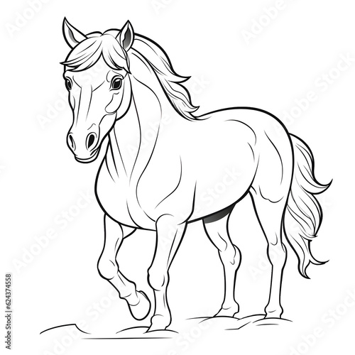 Forest animals - Cute horse, simple thick lines kids or children cartoon coloring book pages . No Background, Generative AI