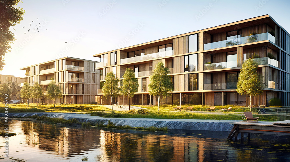 Modern and environmentally friendly apartment buildings built over water. AI generativ.