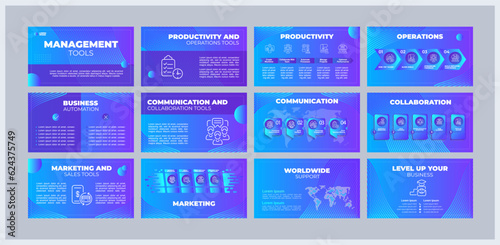 Management tools presentation templates set. Organizational change. Business software. Company strategy. Ready made PPT slides on blue background. Graphic design. Montserrat, Arial fonts used
