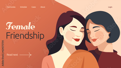 Women friendship concept in flat vector design. Lesbian female couple hugging as metaphor of empathy and support. Girls in love ot relationship. Web banner layout template