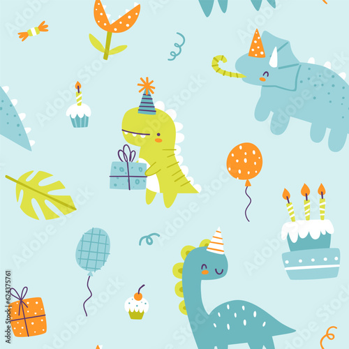 Cute dino birthday party pattern. Seamless blue vector print with abstract dinosaurs party for wrapping paper.