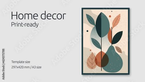 Abstract pears and leaves illustration in modern flat vector design. Home decor hand-drawn poster layout ready for print. Contemporary wall art drawing with geometric shapes