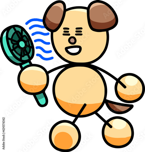 手持ち扇風機を持つわんまるのイラスト　犬
