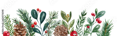 Christmas border made of winter greenery, plants, berries, and pine cones. Watercolor botanical frame. Holiday floral design.
