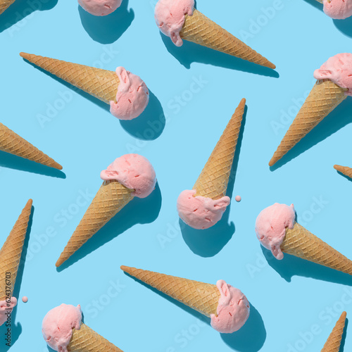 trendy seamless pattern of strawberries ice cream and hard shadow isolated on blue background, creative decoration of summer concept