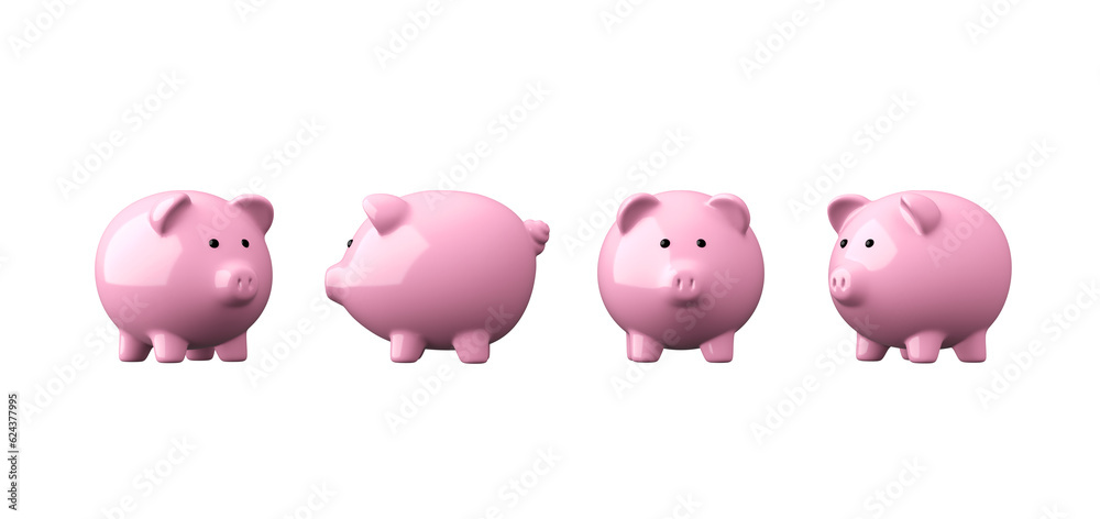Piggy bank with different angles isolated on white background. Economy, Funds, Savings, budgeting, financial planning.