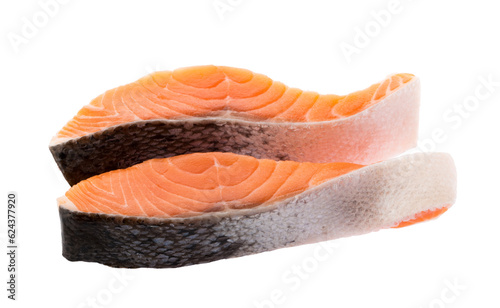 Salmon, trout, steak, slice of fresh raw fish, isolated on white background with clipping path