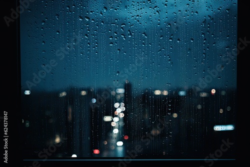 Photo shot through a window, looking out at the rainy cityscape, symbolizing the sense of solitude. Generative AI